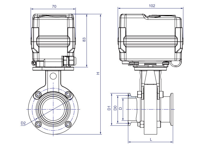 KLD200 Motorized Butterfly Valve for Fast Assembled (Sanitary Standard) Dimensions KLDМоторизованный дроссельный клапан 200 для быстрой сборки (санитарные стандарты) Размеры