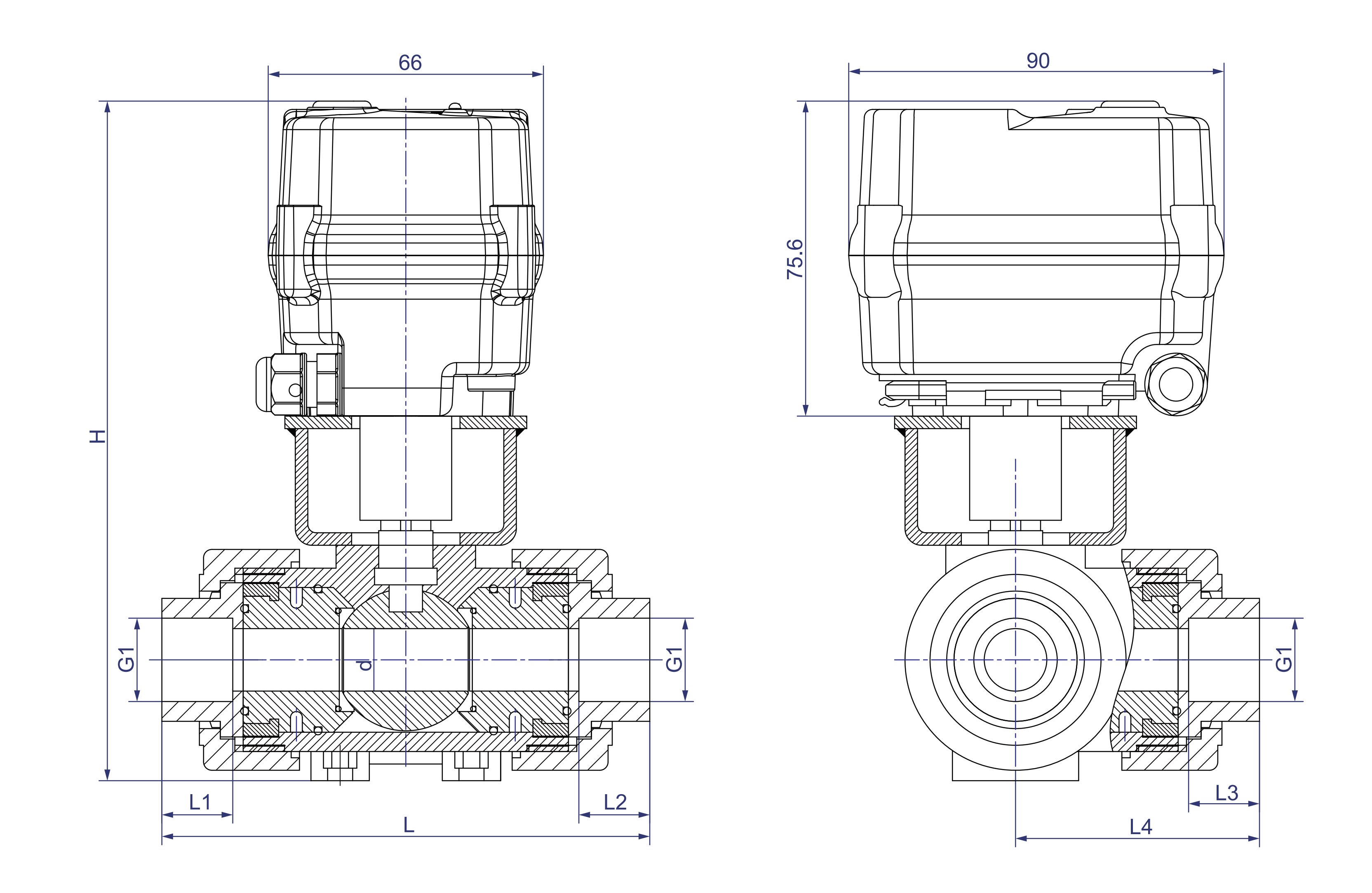 20,KLD100 3-way motorized ball valve (metal) 100N UPVC-Dimensions